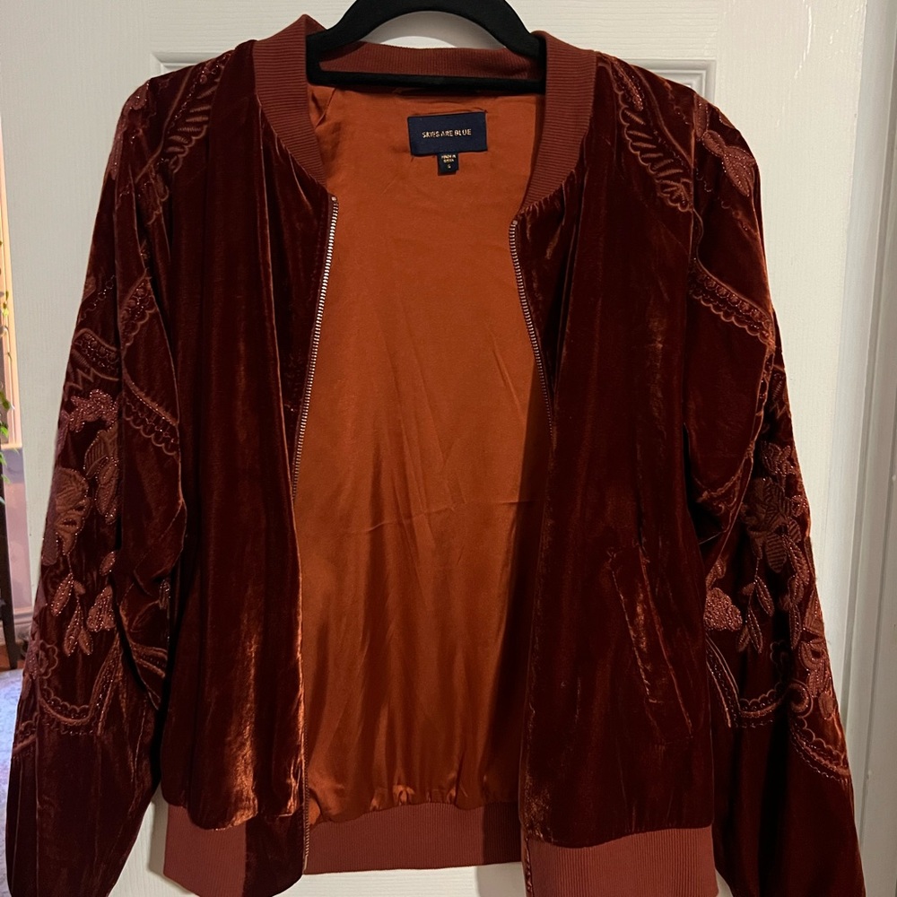 Skies Are Blue Embroidered Velvet Bomber Jacket in Rich Burgundy